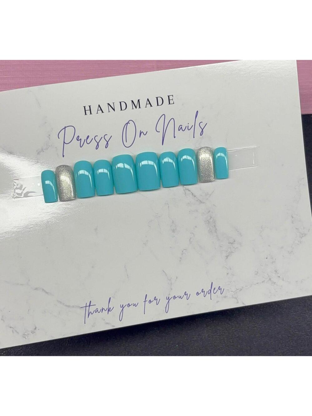Short square Press on nails silver glitter teal light blue handmade custom gel - Picture 7 of 8